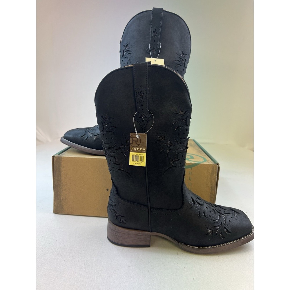 ROPER WOMEN'S KENNEDY BLACK WITH GLITTER INLAY WIDE SQUARE TOE COWBOY BOOTS Sz 9